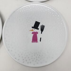 4 BODUM Salad Dessert Plates Snowman Christmas Snowflake 8.5" White W/ Silver